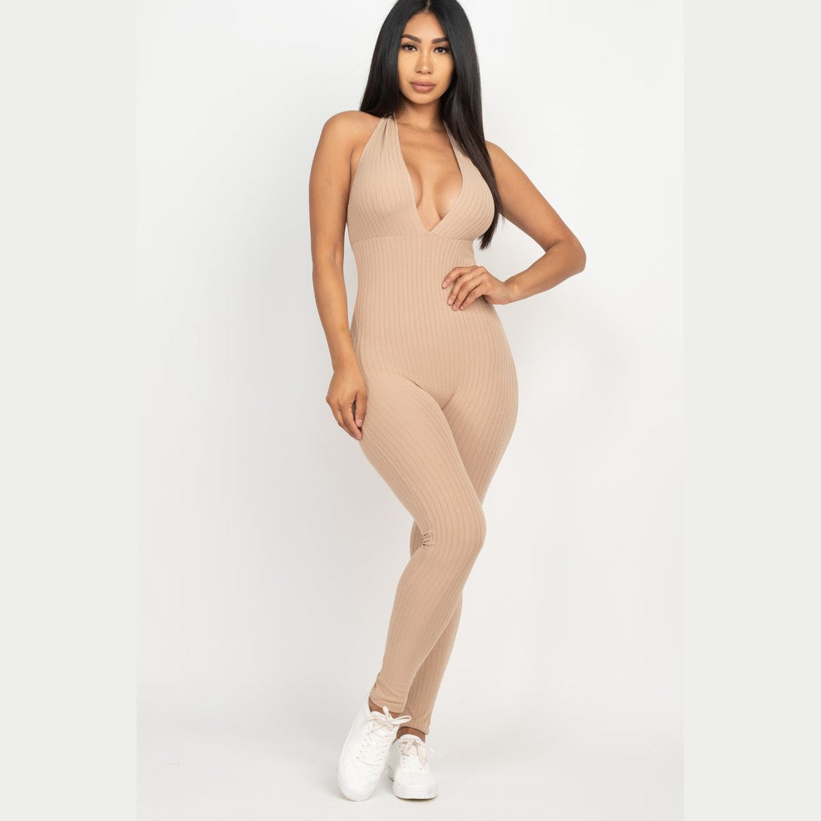 Halter V Neck Ribbed Bodycon Jumpsuit