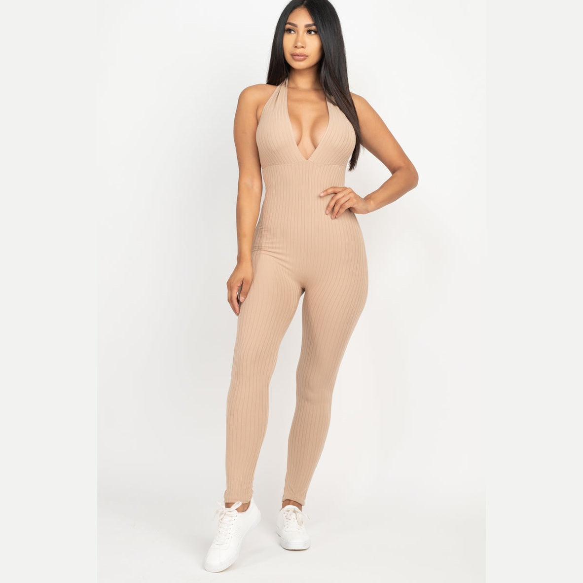 Halter V Neck Ribbed Bodycon Jumpsuit