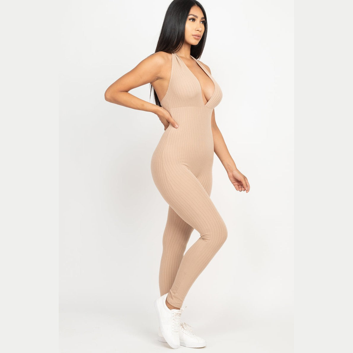 Halter V Neck Ribbed Bodycon Jumpsuit