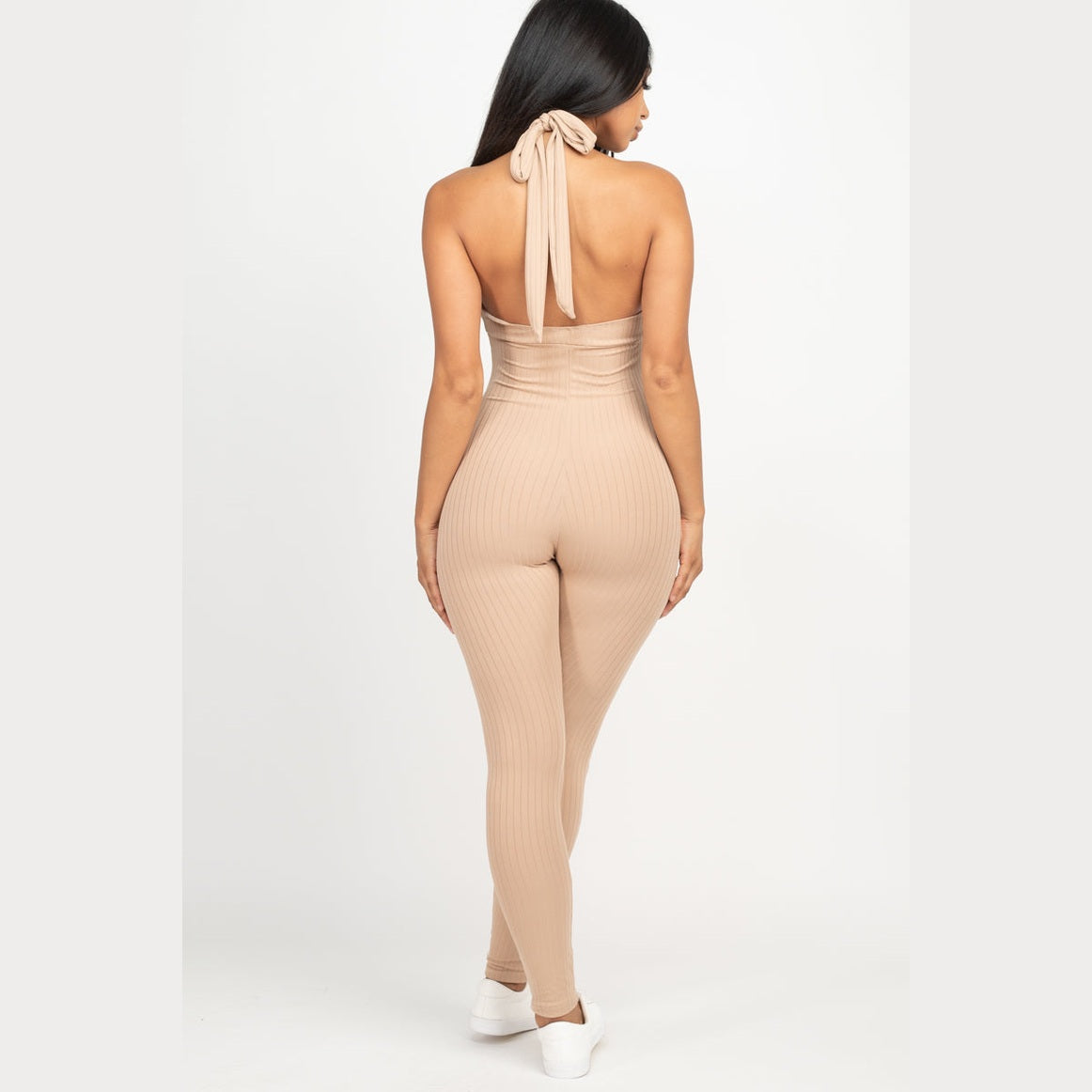 Halter V Neck Ribbed Bodycon Jumpsuit