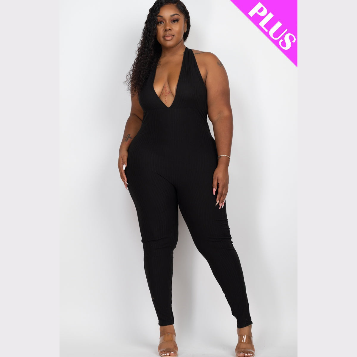 Plus Size Halter V Neck Ribbed Bodycon Jumpsuit