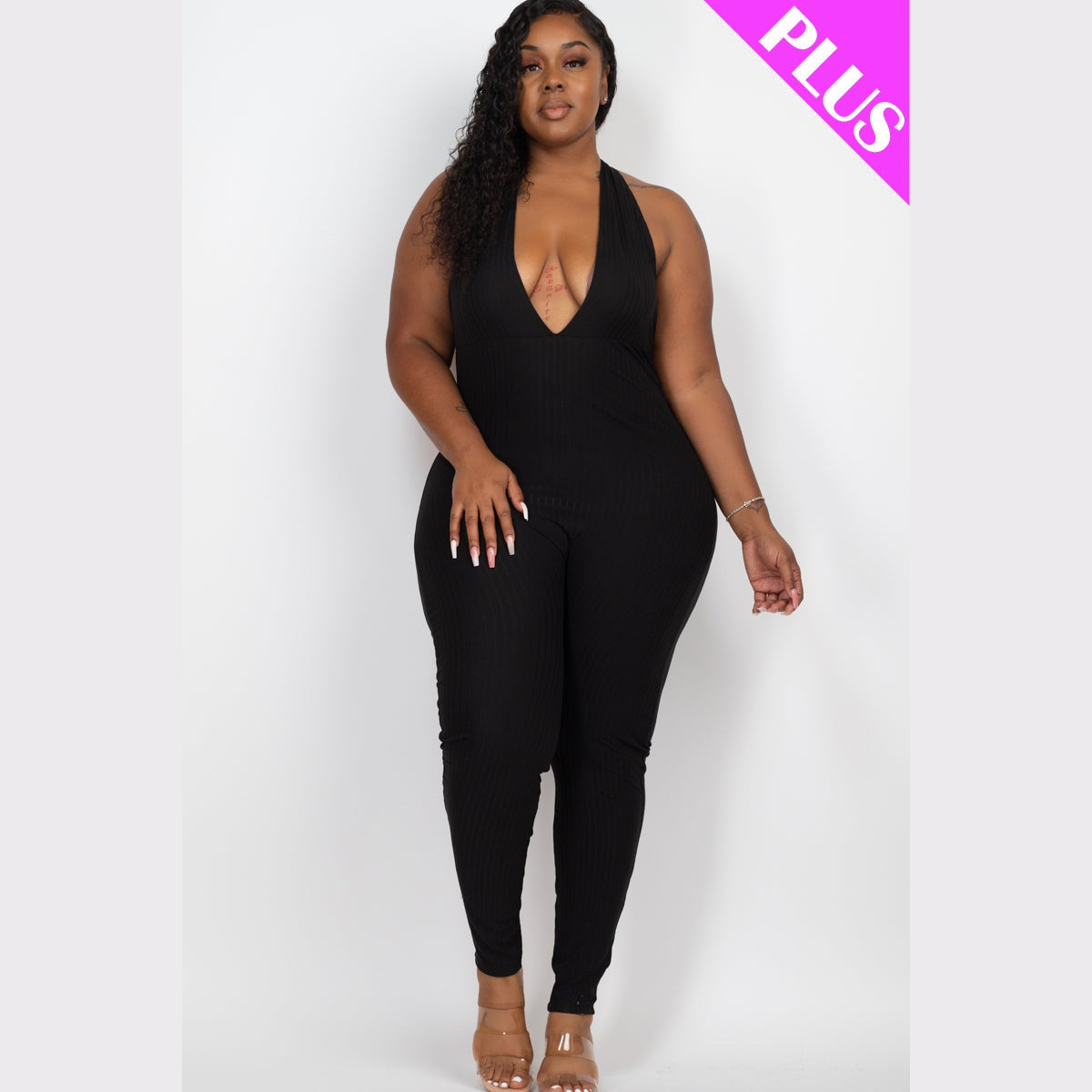Plus Size Halter V Neck Ribbed Bodycon Jumpsuit