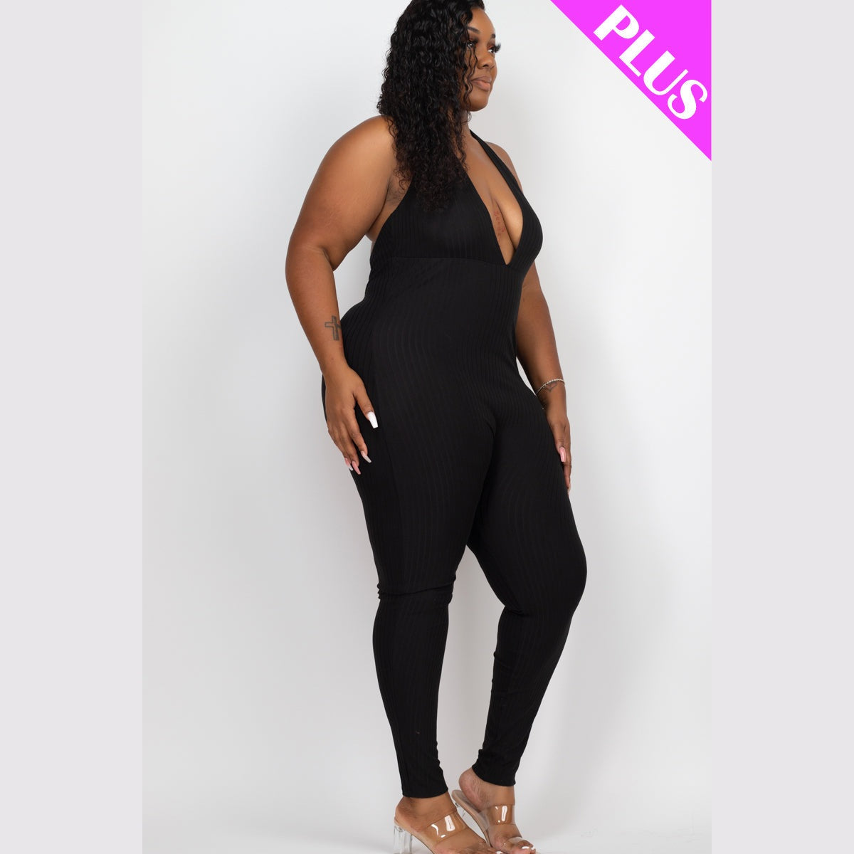 Plus Size Halter V Neck Ribbed Bodycon Jumpsuit