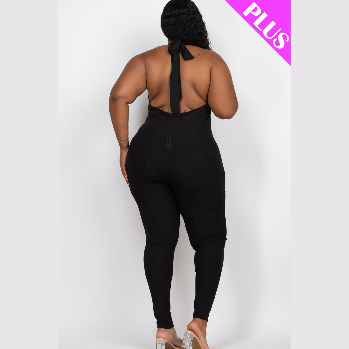 Plus Size Halter V Neck Ribbed Bodycon Jumpsuit