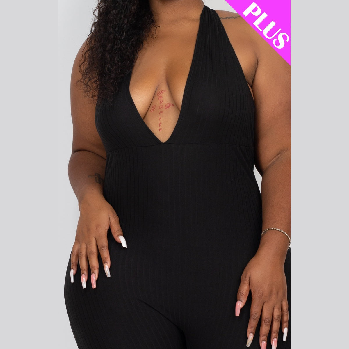 Plus Size Halter V Neck Ribbed Bodycon Jumpsuit
