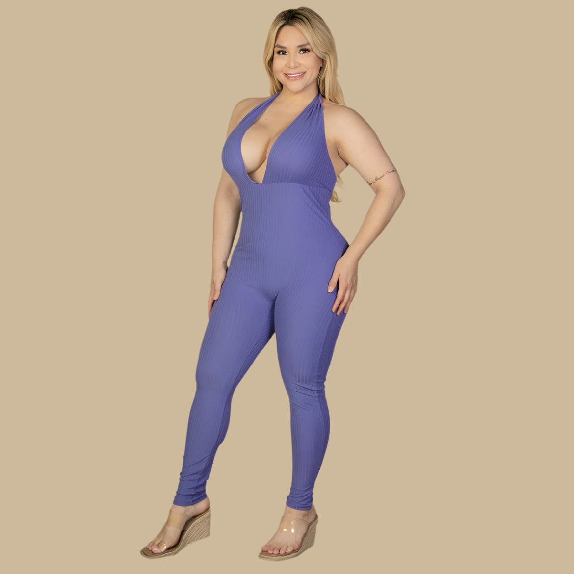 Plus Size Halter V Neck Ribbed Bodycon Jumpsuit