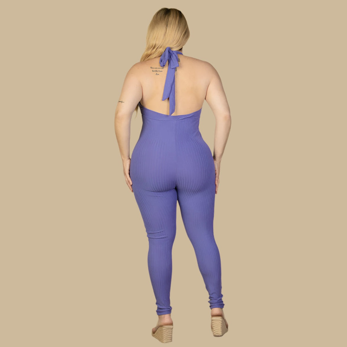 Plus Size Halter V Neck Ribbed Bodycon Jumpsuit