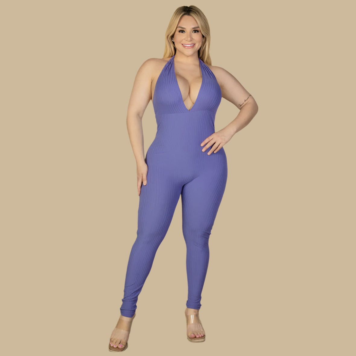 Plus Size Halter V Neck Ribbed Bodycon Jumpsuit