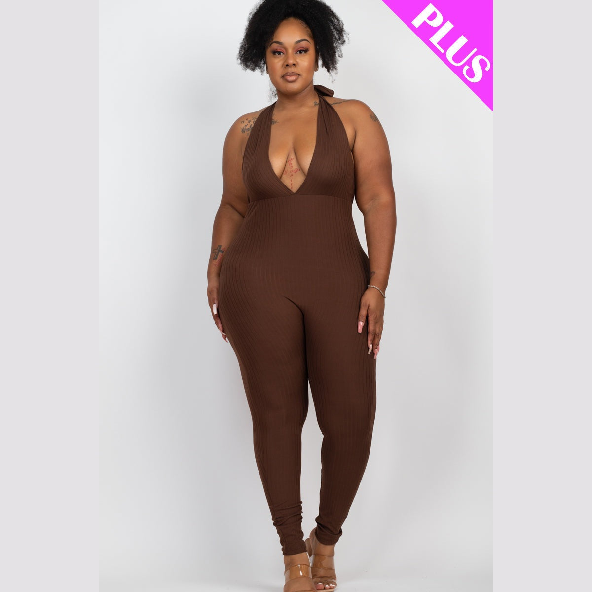 Plus Size Halter V Neck Ribbed Bodycon Jumpsuit
