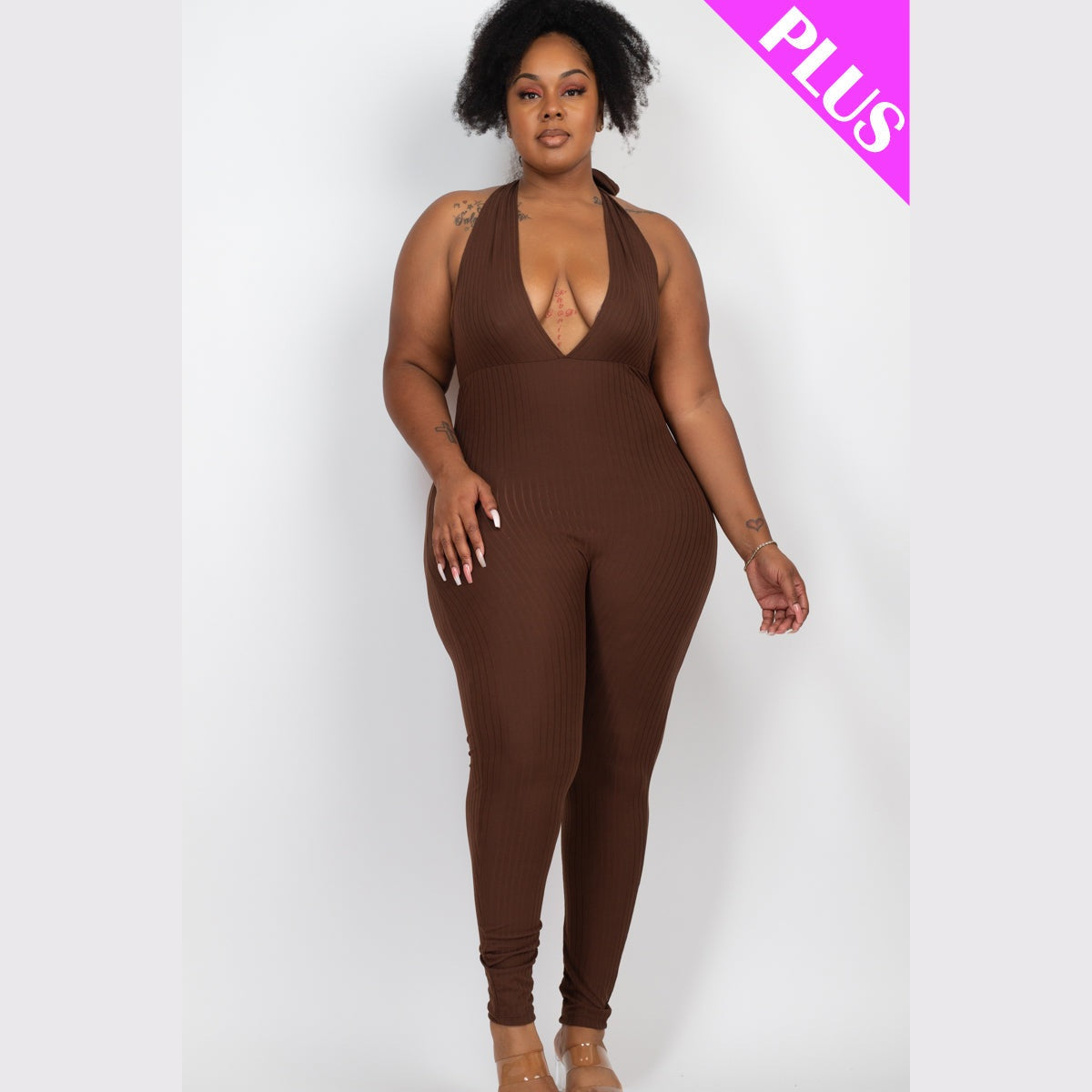 Plus Size Halter V Neck Ribbed Bodycon Jumpsuit