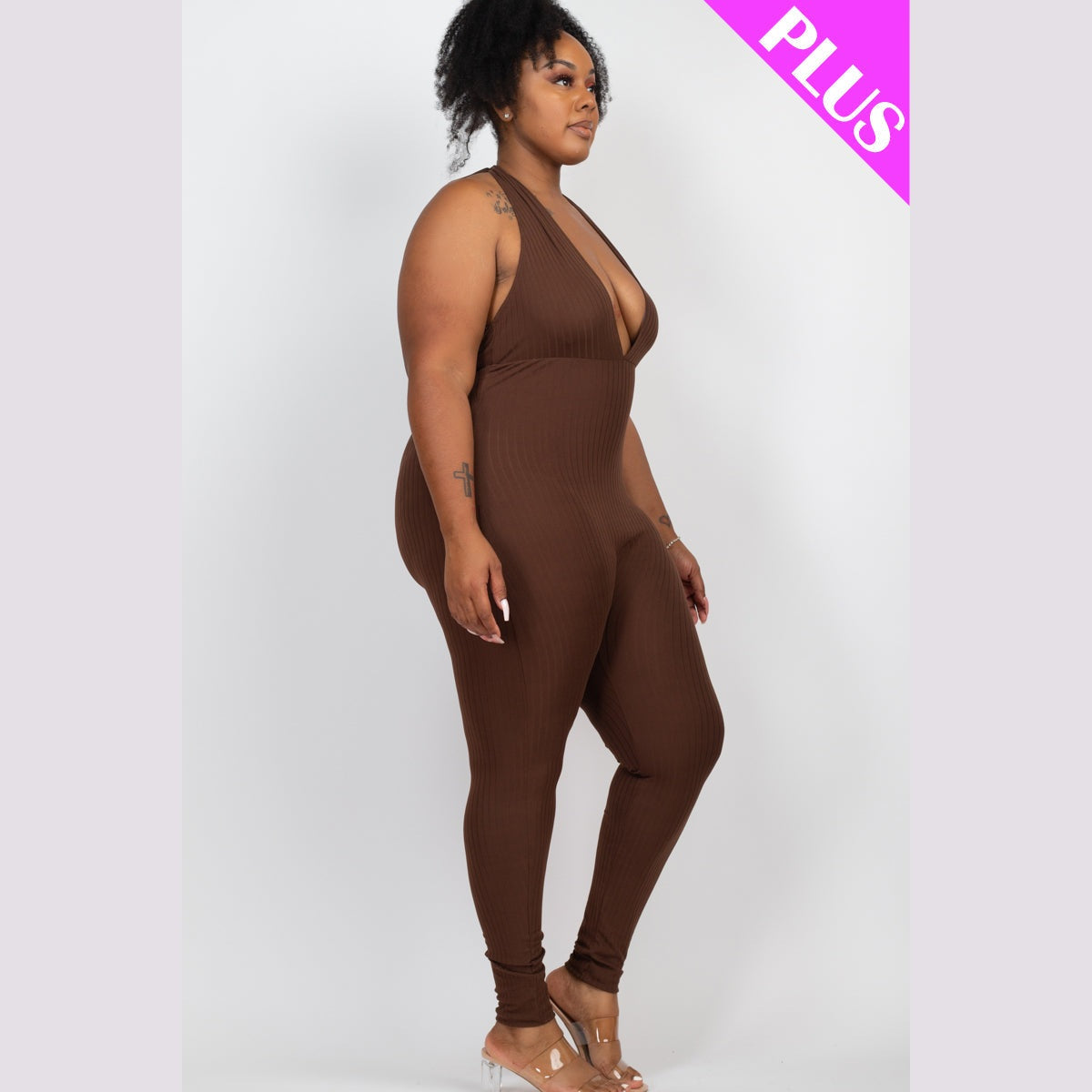 Plus Size Halter V Neck Ribbed Bodycon Jumpsuit