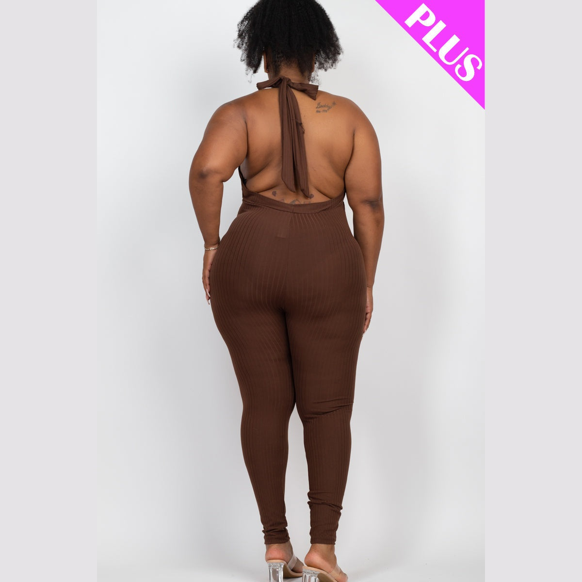 Plus Size Halter V Neck Ribbed Bodycon Jumpsuit
