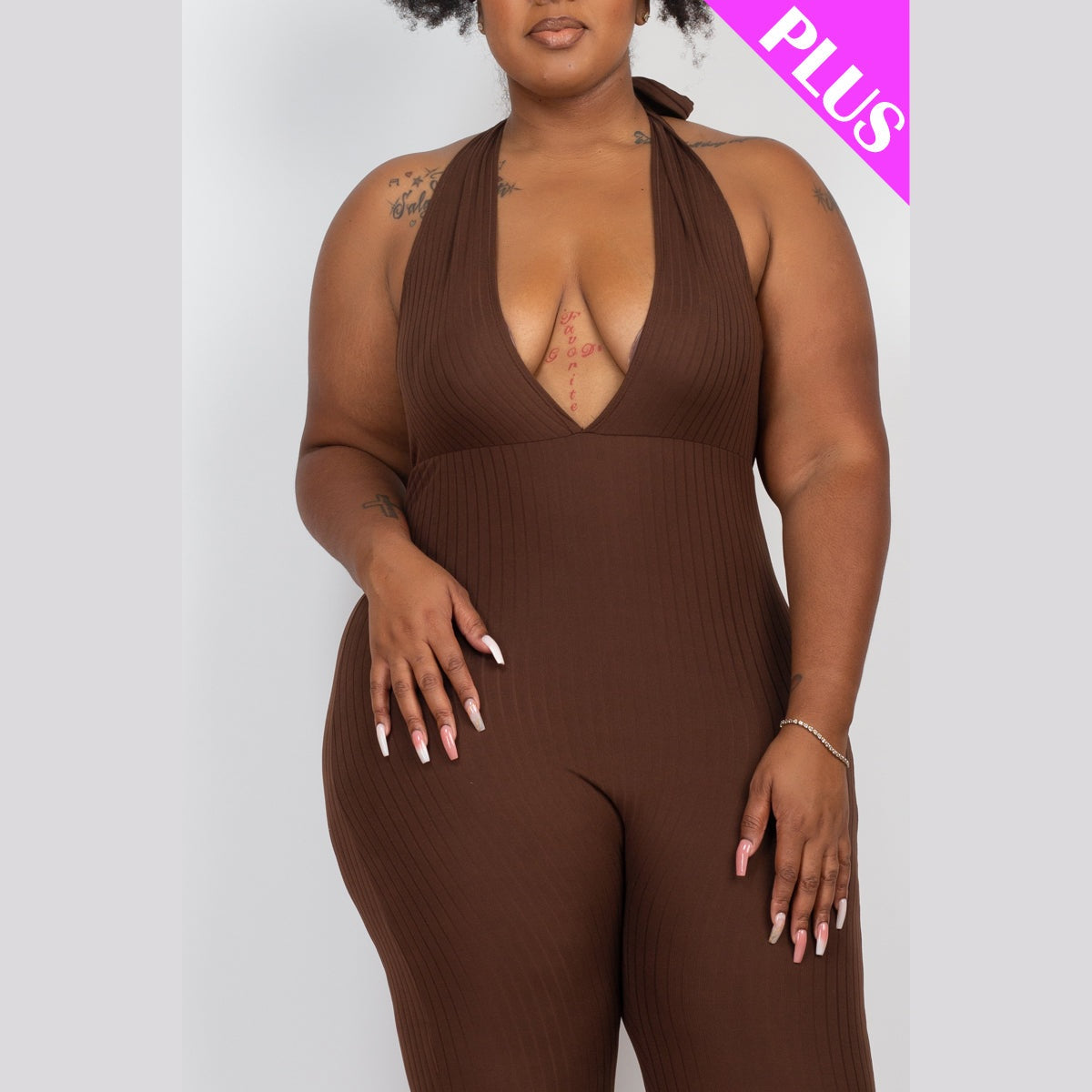Plus Size Halter V Neck Ribbed Bodycon Jumpsuit