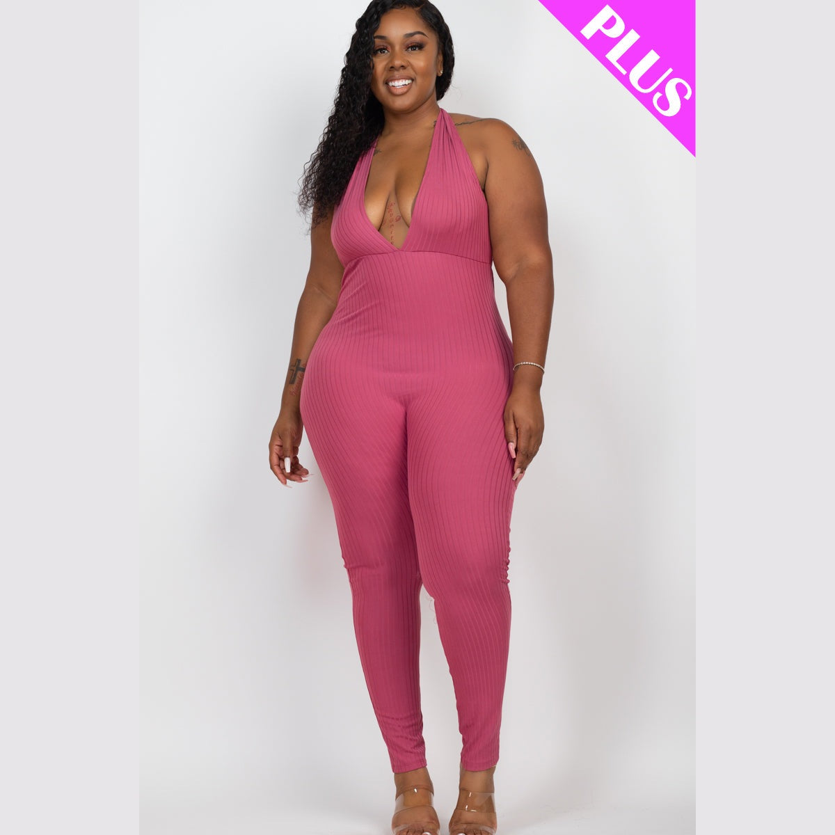 Plus Size Halter V Neck Ribbed Bodycon Jumpsuit