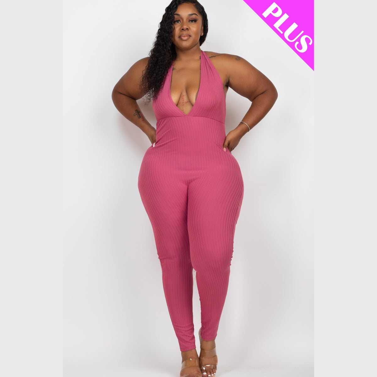 Plus Size Halter V Neck Ribbed Bodycon Jumpsuit