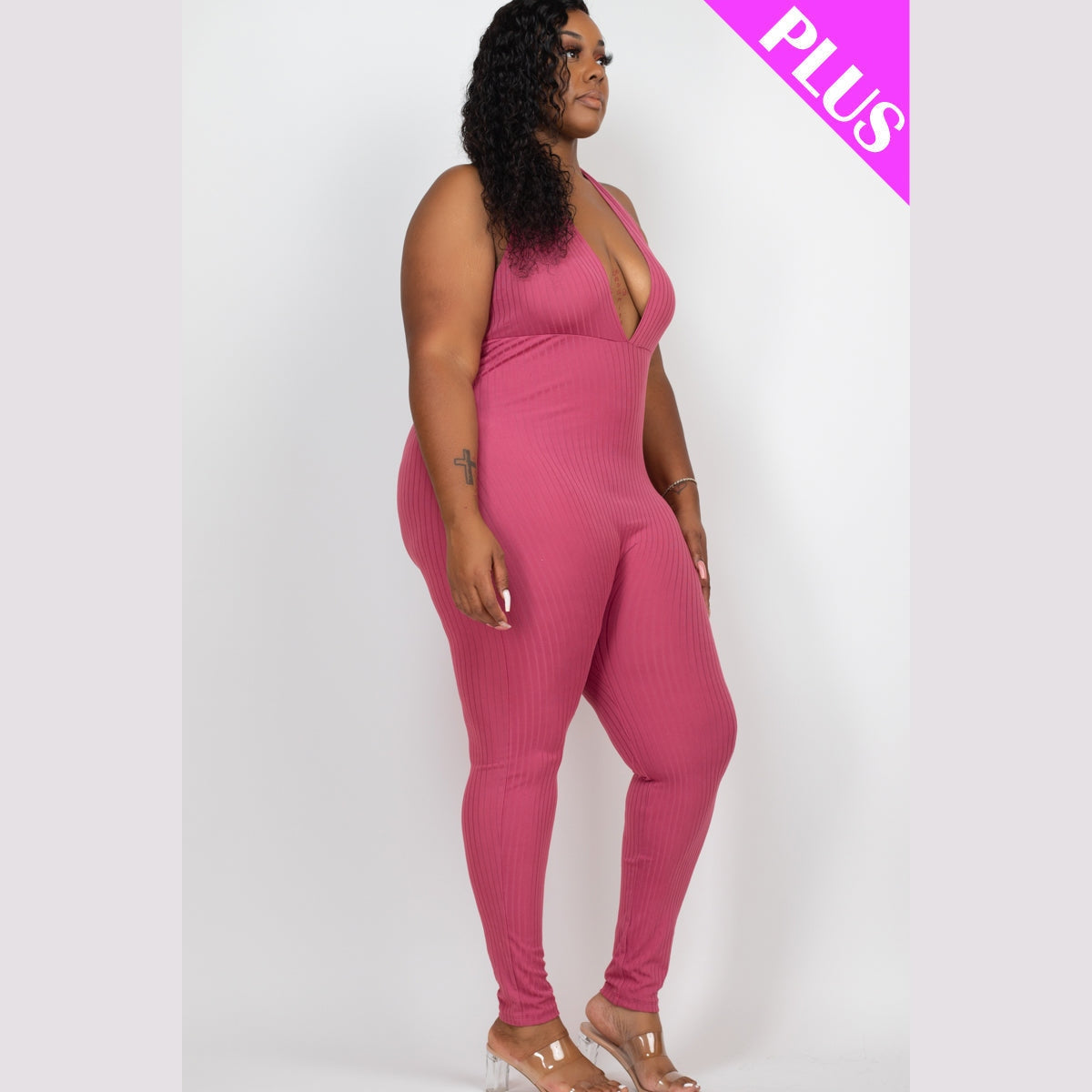 Plus Size Halter V Neck Ribbed Bodycon Jumpsuit