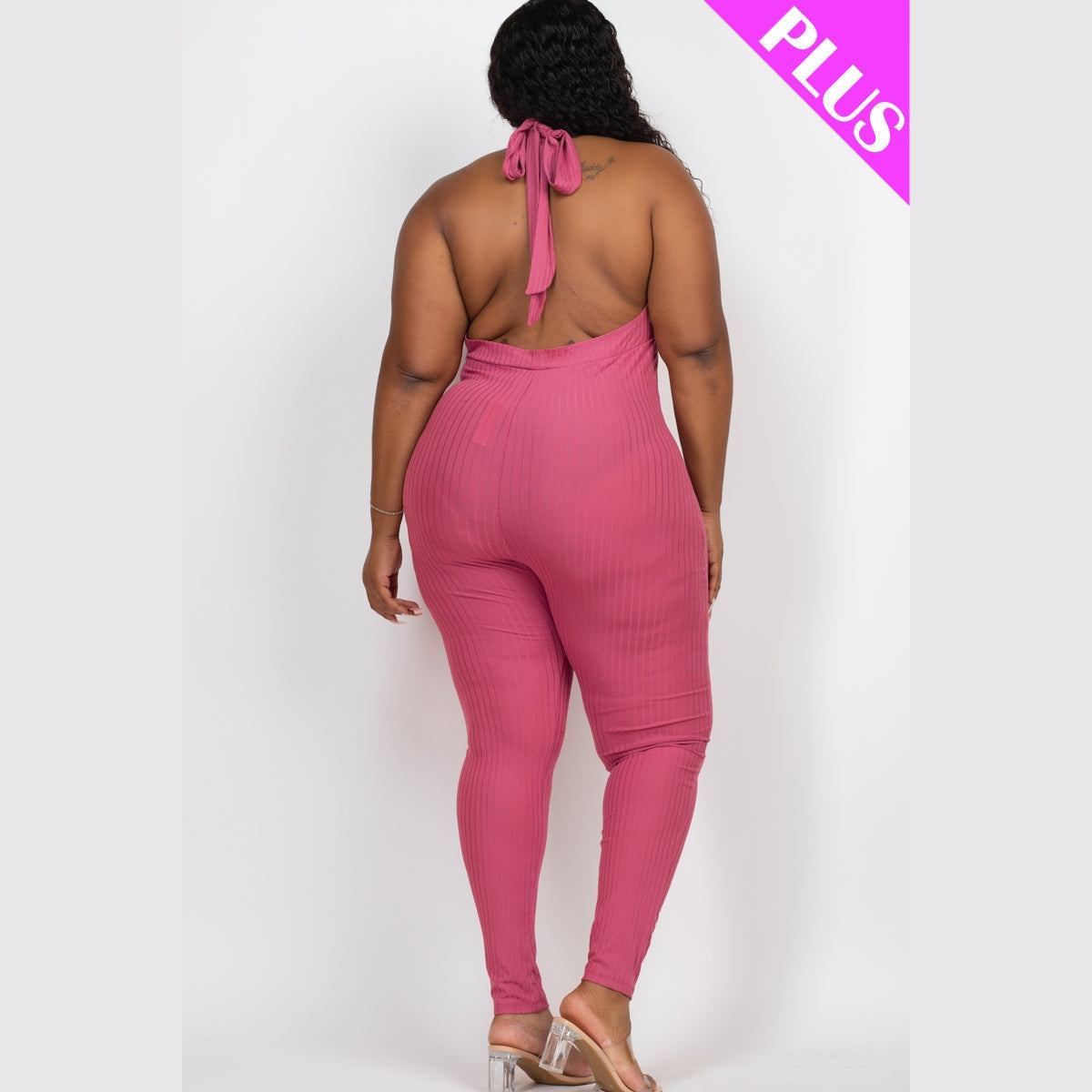 Plus Size Halter V Neck Ribbed Bodycon Jumpsuit