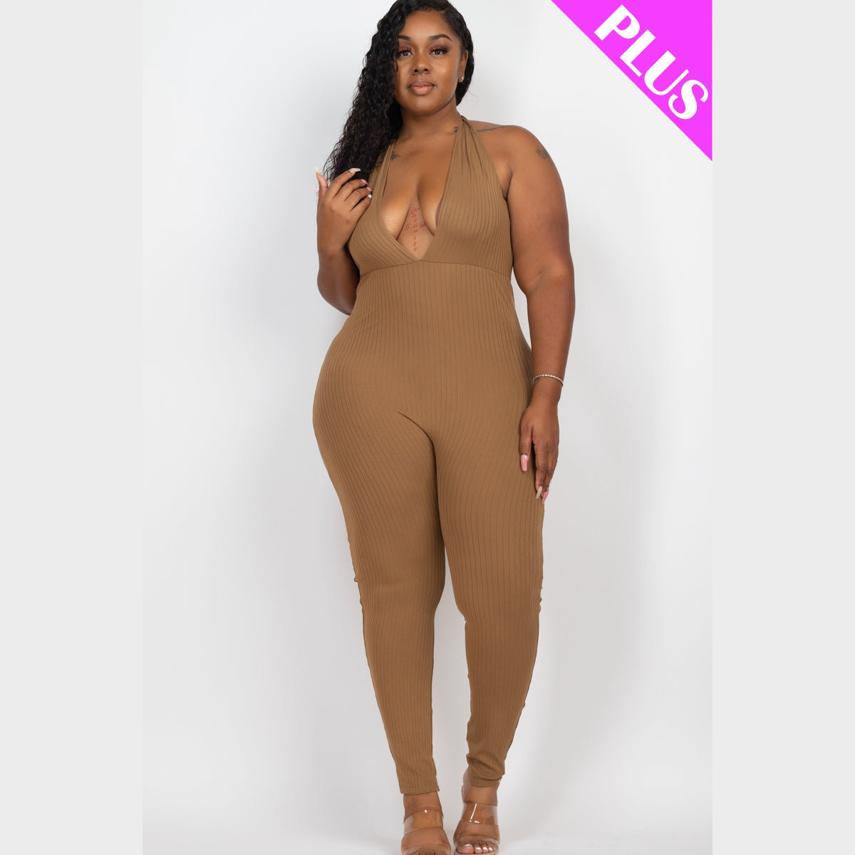Plus Size Halter V Neck Ribbed Bodycon Jumpsuit