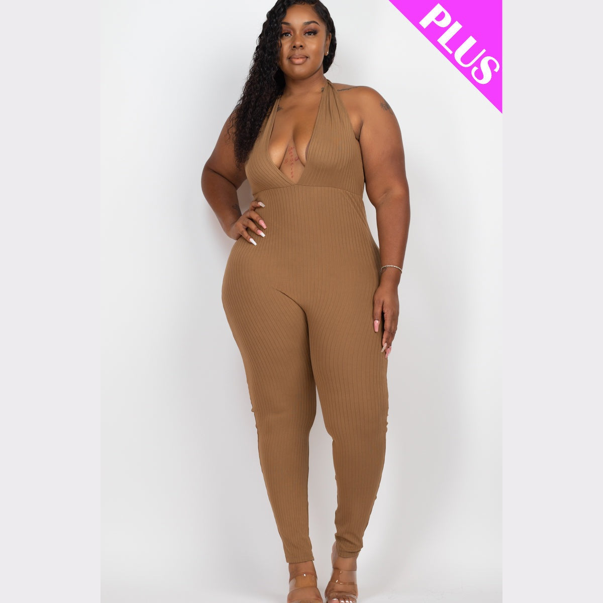 Plus Size Halter V Neck Ribbed Bodycon Jumpsuit