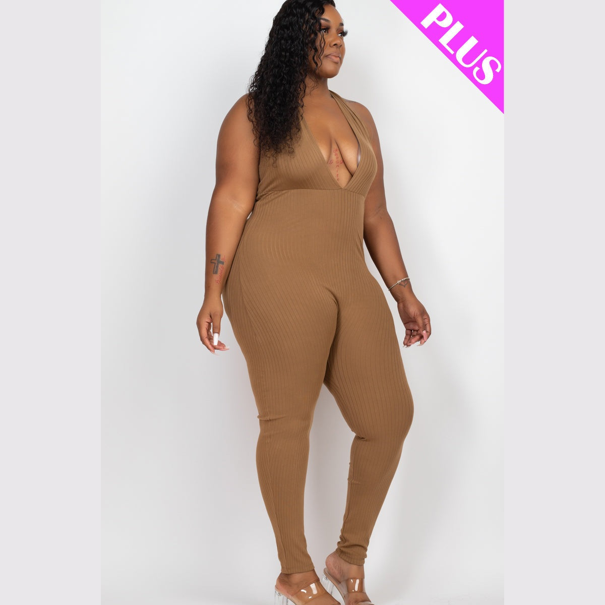 Plus Size Halter V Neck Ribbed Bodycon Jumpsuit