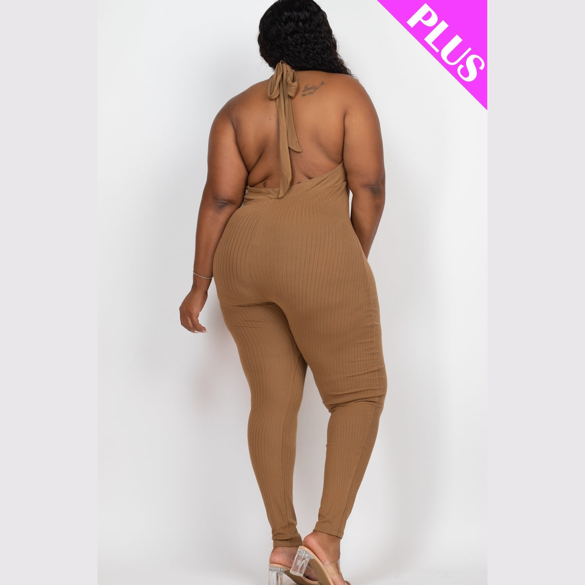 Plus Size Halter V Neck Ribbed Bodycon Jumpsuit