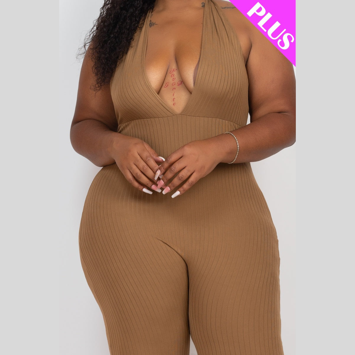 Plus Size Halter V Neck Ribbed Bodycon Jumpsuit