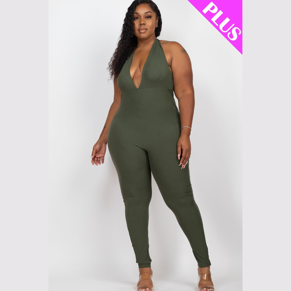 Plus Size Halter V Neck Ribbed Bodycon Jumpsuit