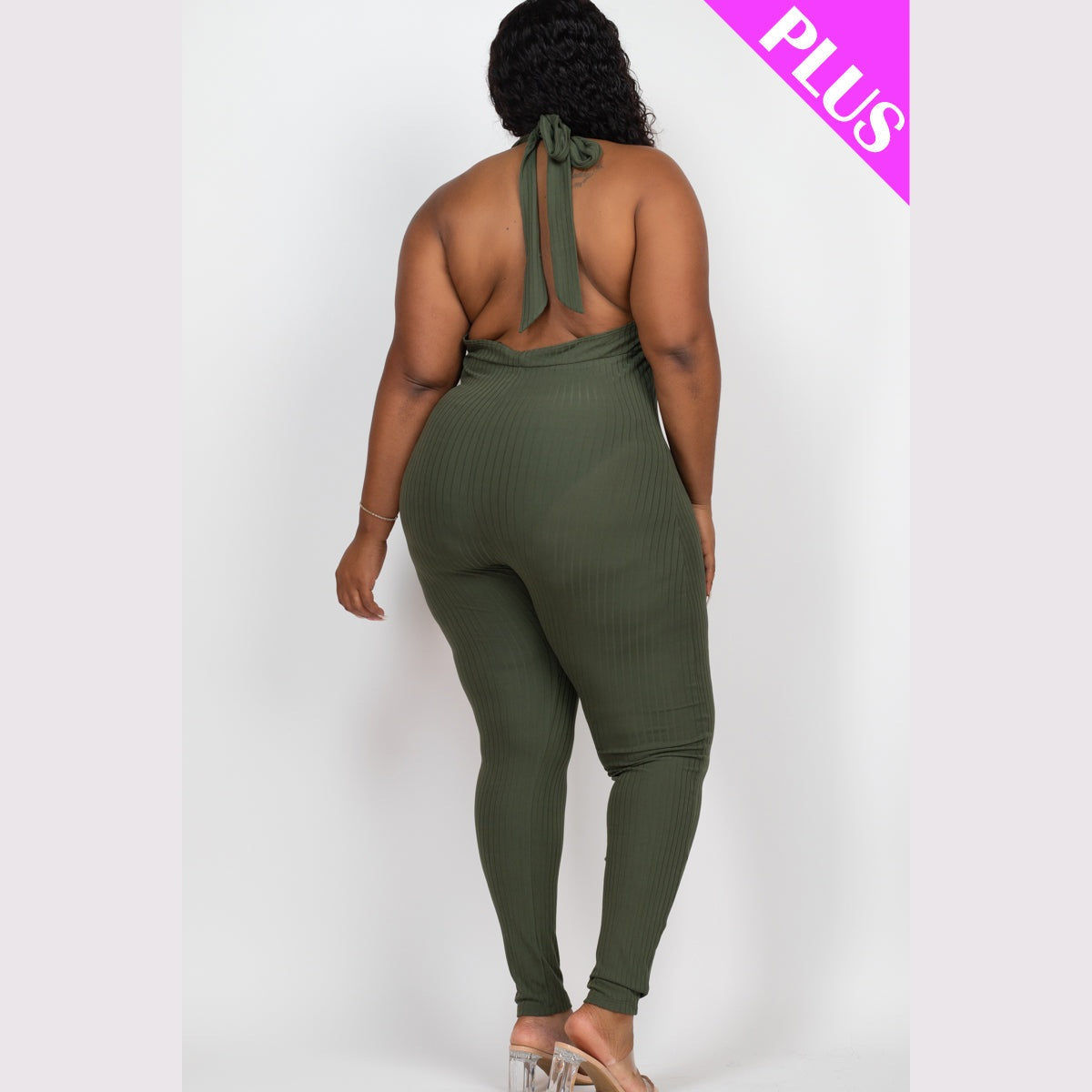 Plus Size Halter V Neck Ribbed Bodycon Jumpsuit
