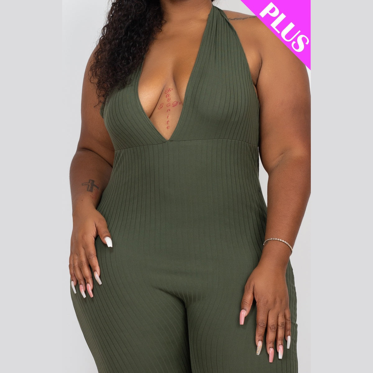 Plus Size Halter V Neck Ribbed Bodycon Jumpsuit