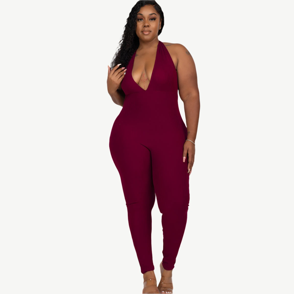 Plus Size Halter V Neck Ribbed Bodycon Jumpsuit