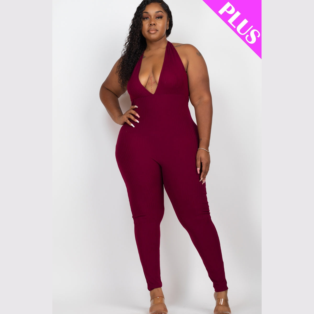 Plus Size Halter V Neck Ribbed Bodycon Jumpsuit