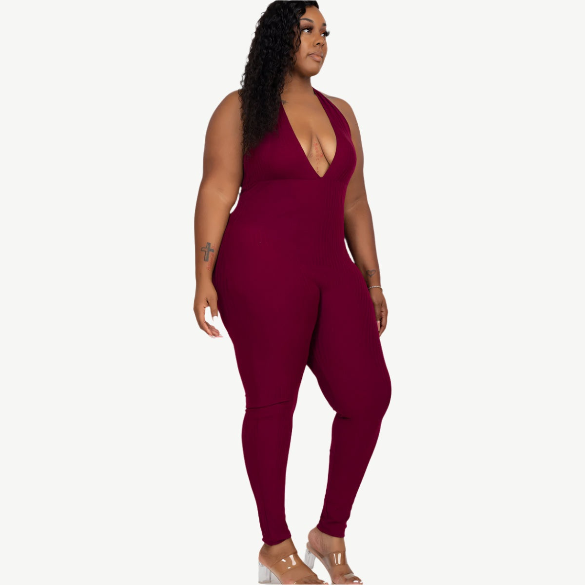 Plus Size Halter V Neck Ribbed Bodycon Jumpsuit