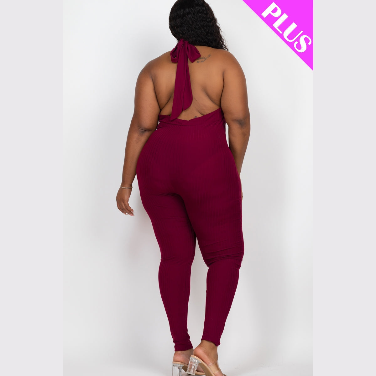 Plus Size Halter V Neck Ribbed Bodycon Jumpsuit