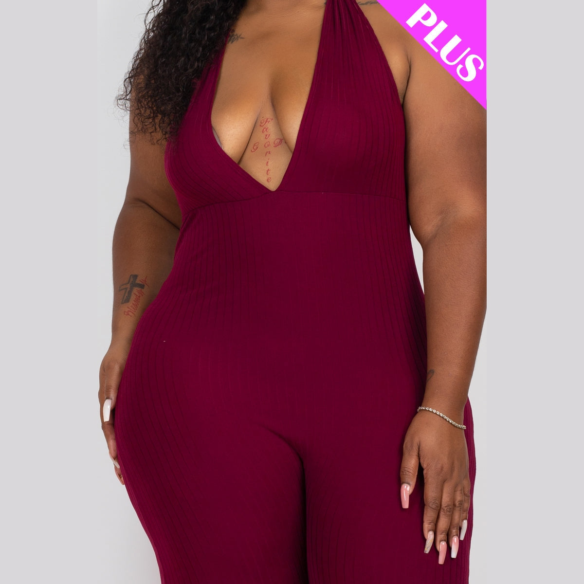 Plus Size Halter V Neck Ribbed Bodycon Jumpsuit
