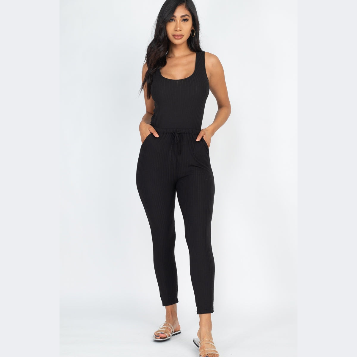 Ribbed Sleeveless Drawstring Jumpsuit