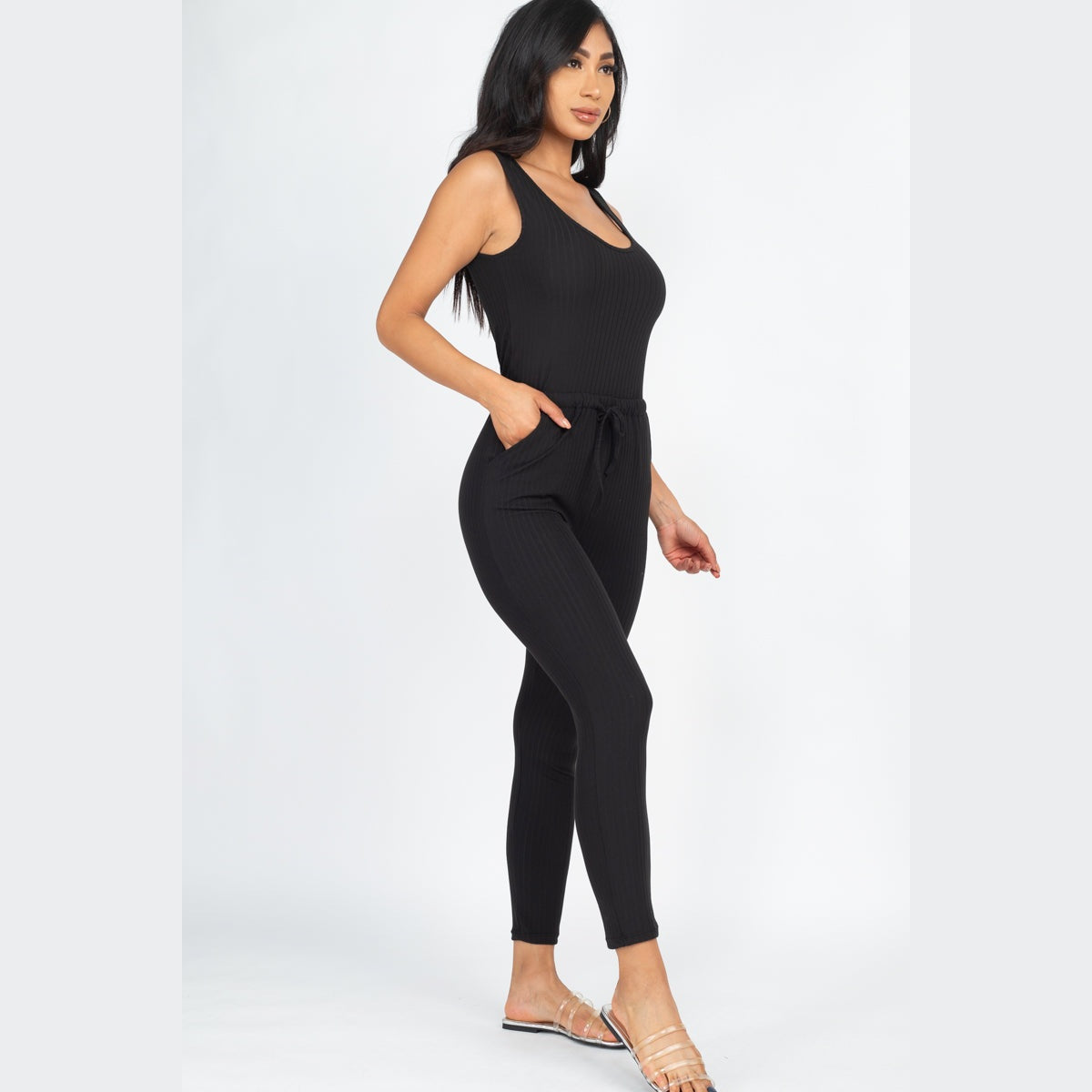 Ribbed Sleeveless Drawstring Jumpsuit