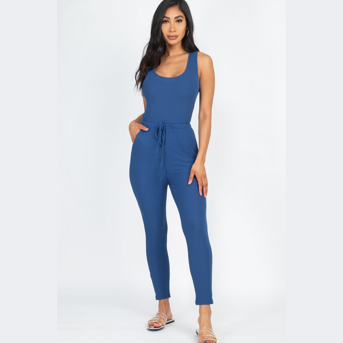 Ribbed Sleeveless Drawstring Jumpsuit