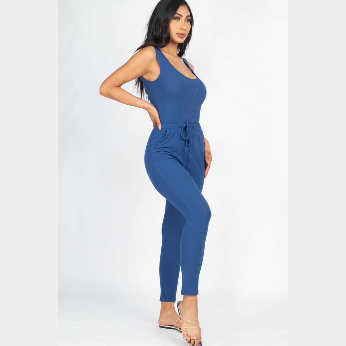 Ribbed Sleeveless Drawstring Jumpsuit