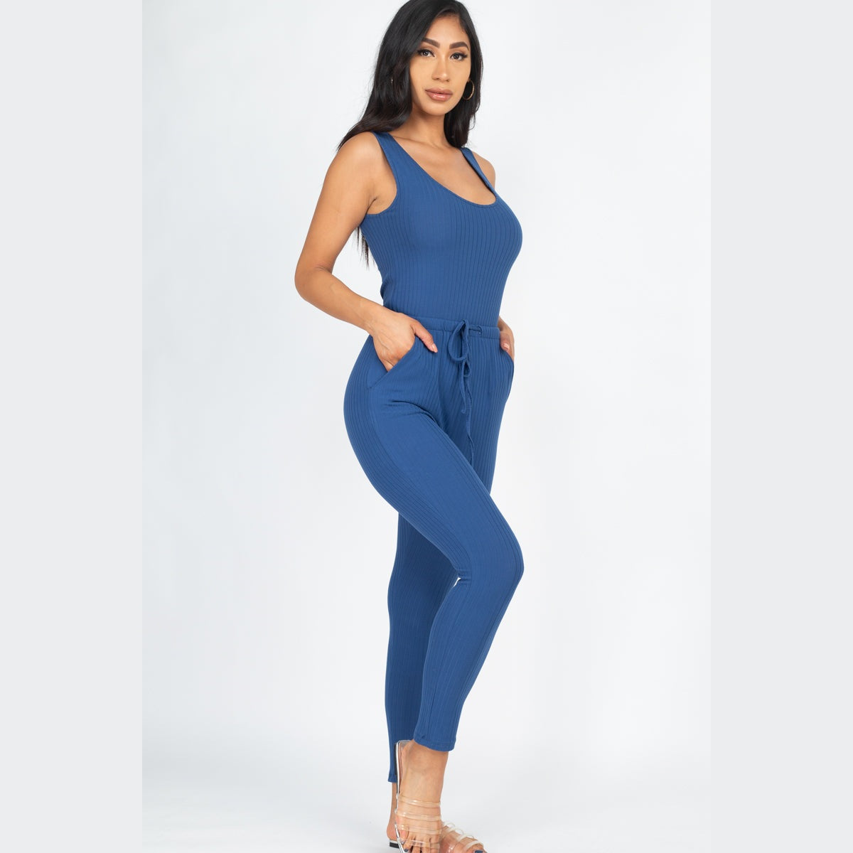 Ribbed Sleeveless Drawstring Jumpsuit
