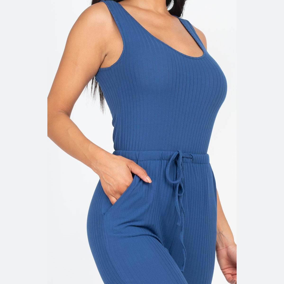 Ribbed Sleeveless Drawstring Jumpsuit