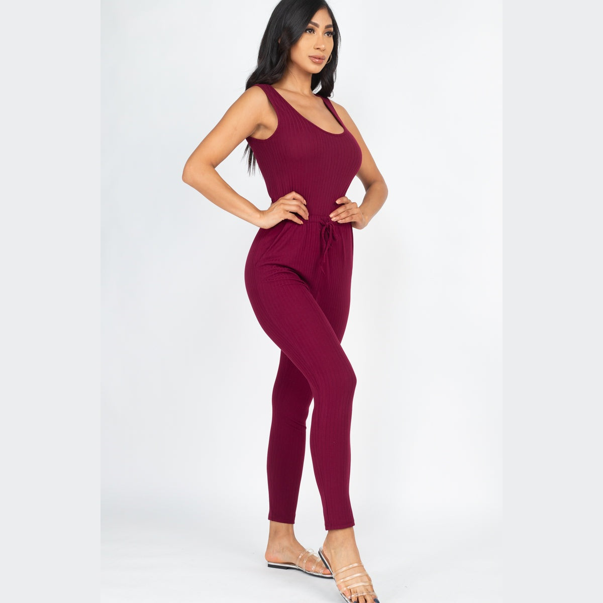 Ribbed Sleeveless Drawstring Jumpsuit