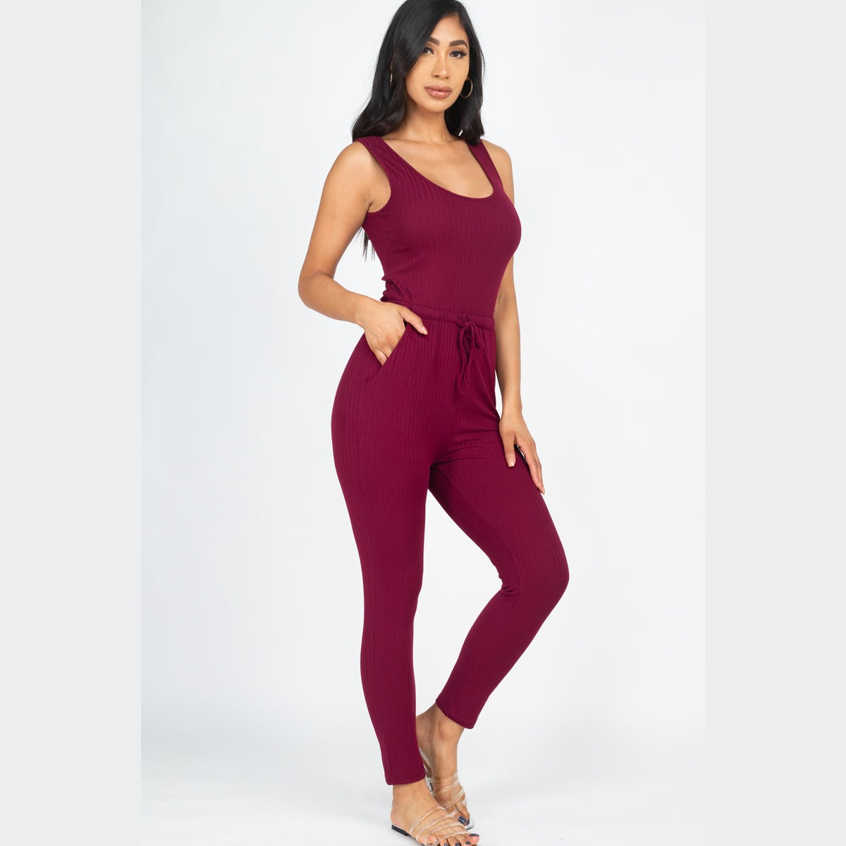 Ribbed Sleeveless Drawstring Jumpsuit