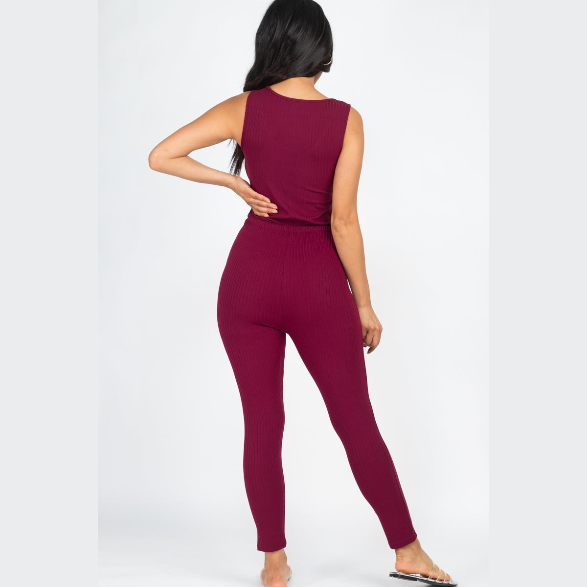 Ribbed Sleeveless Drawstring Jumpsuit