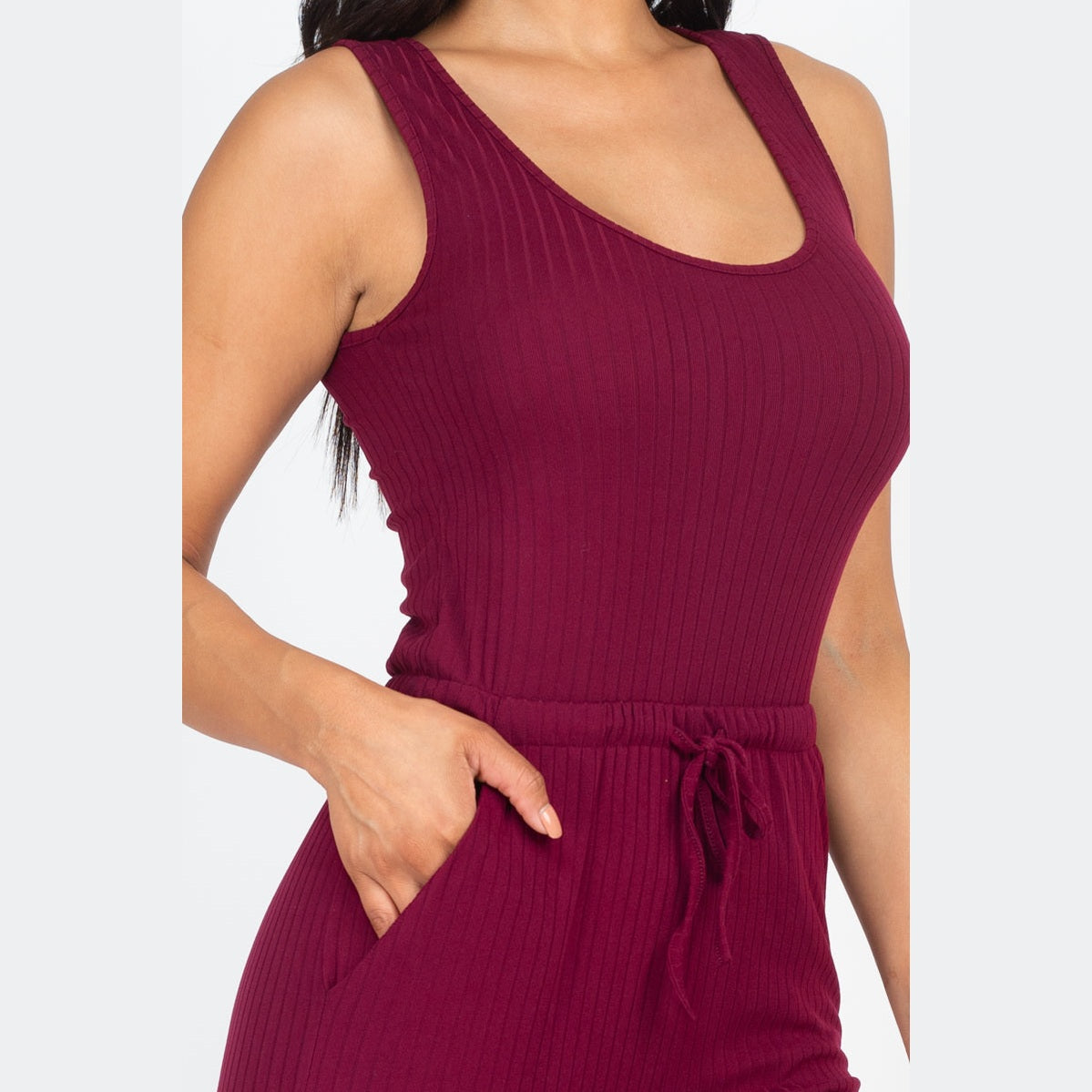 Ribbed Sleeveless Drawstring Jumpsuit