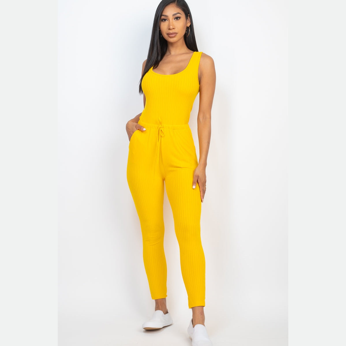 Ribbed Sleeveless Drawstring Jumpsuit