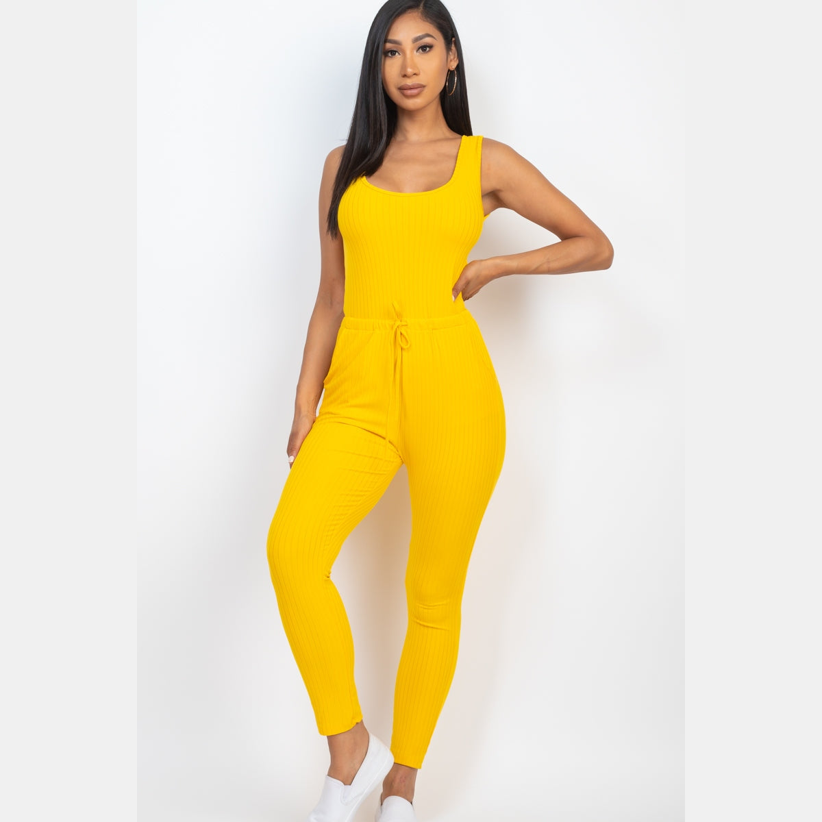Ribbed Sleeveless Drawstring Jumpsuit