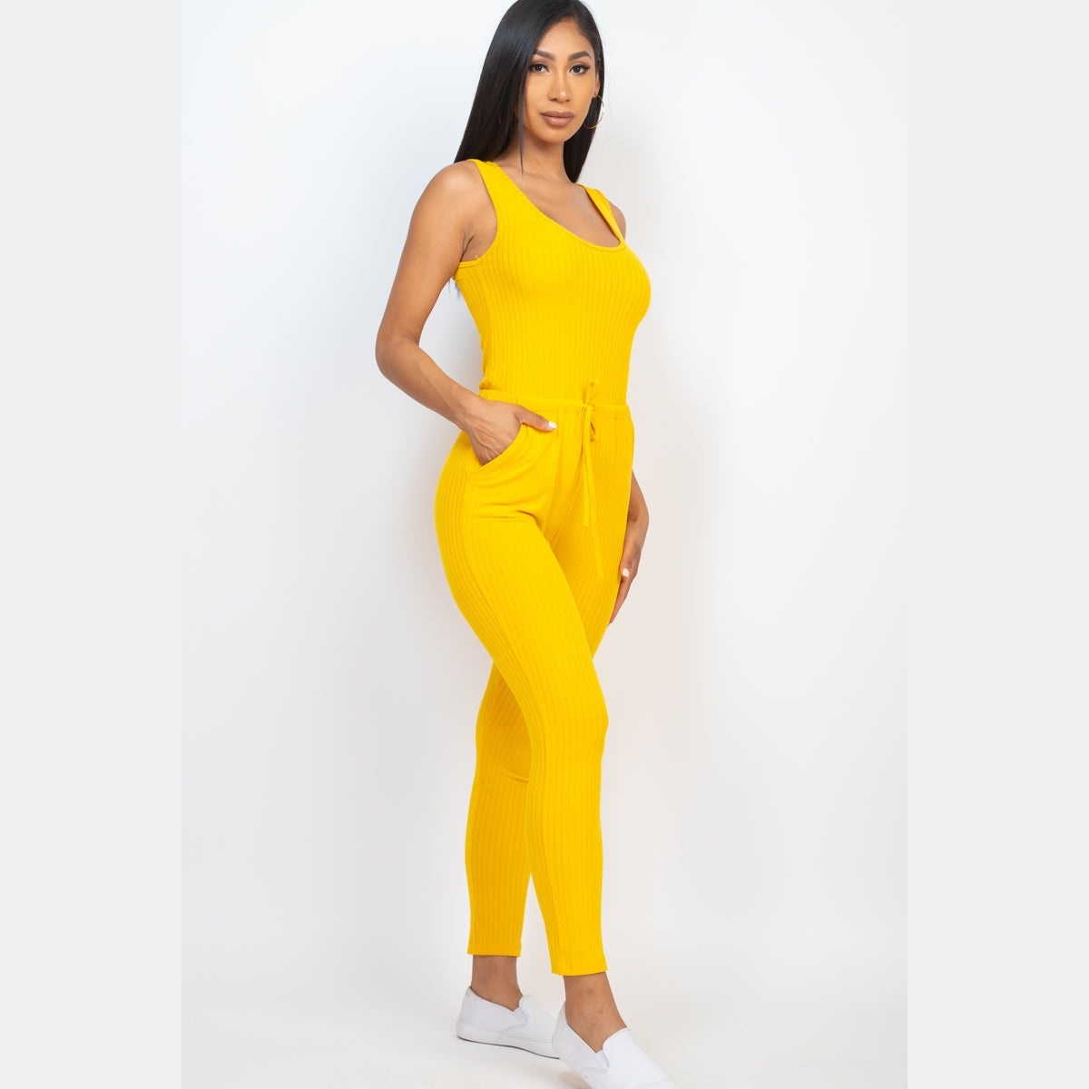Ribbed Sleeveless Drawstring Jumpsuit