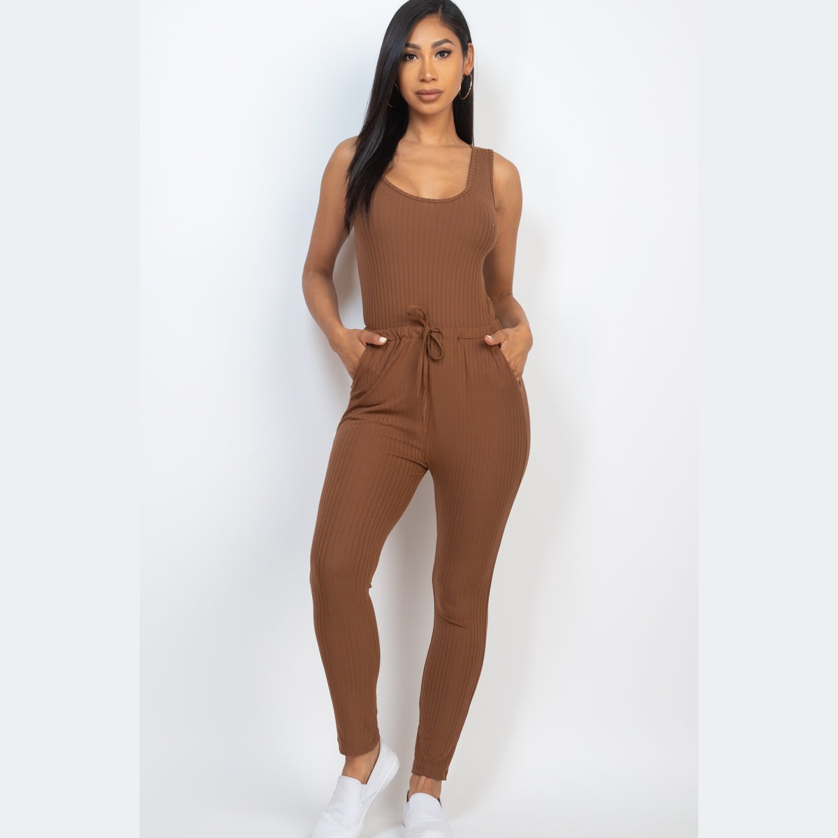 Ribbed Sleeveless Drawstring Jumpsuit