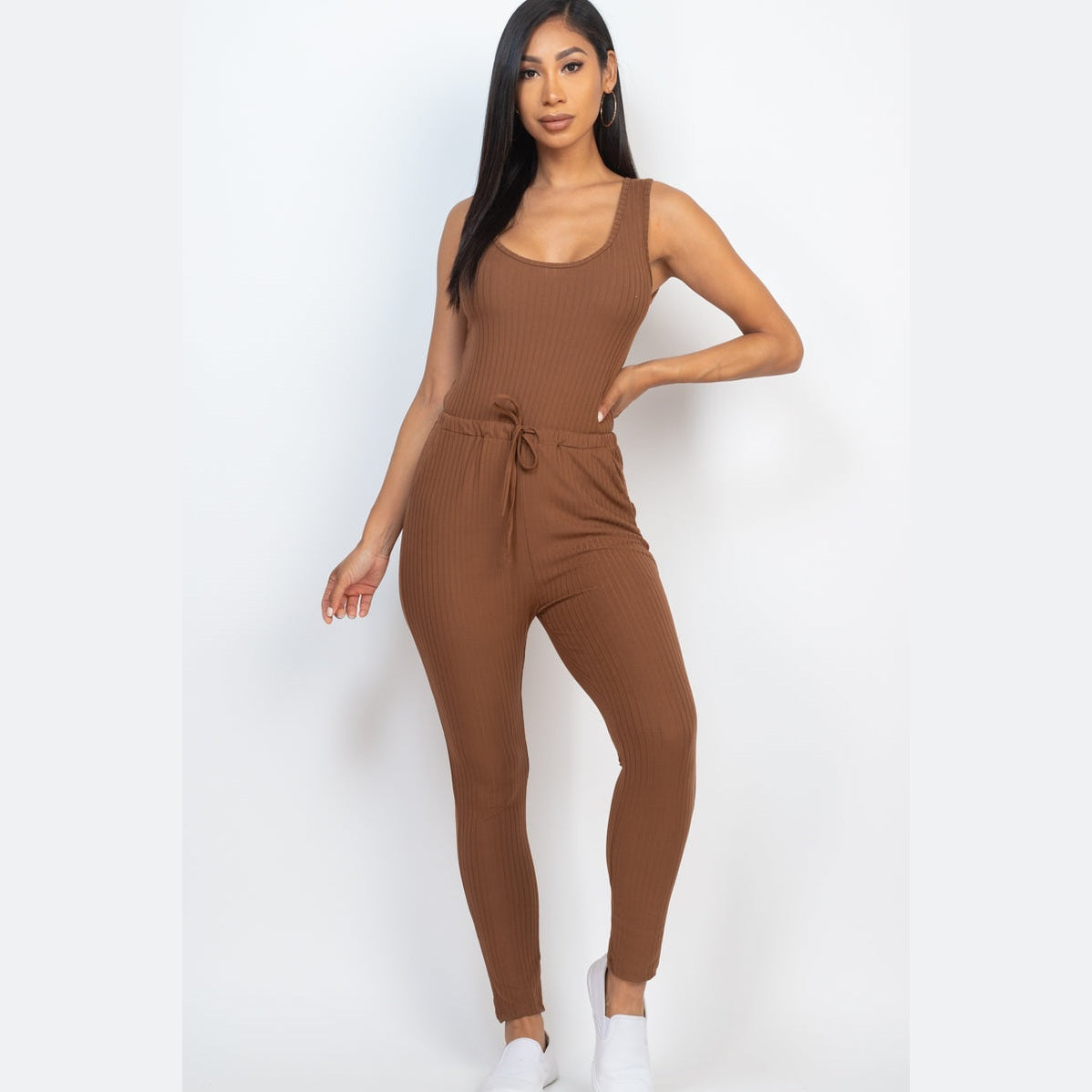 Ribbed Sleeveless Drawstring Jumpsuit