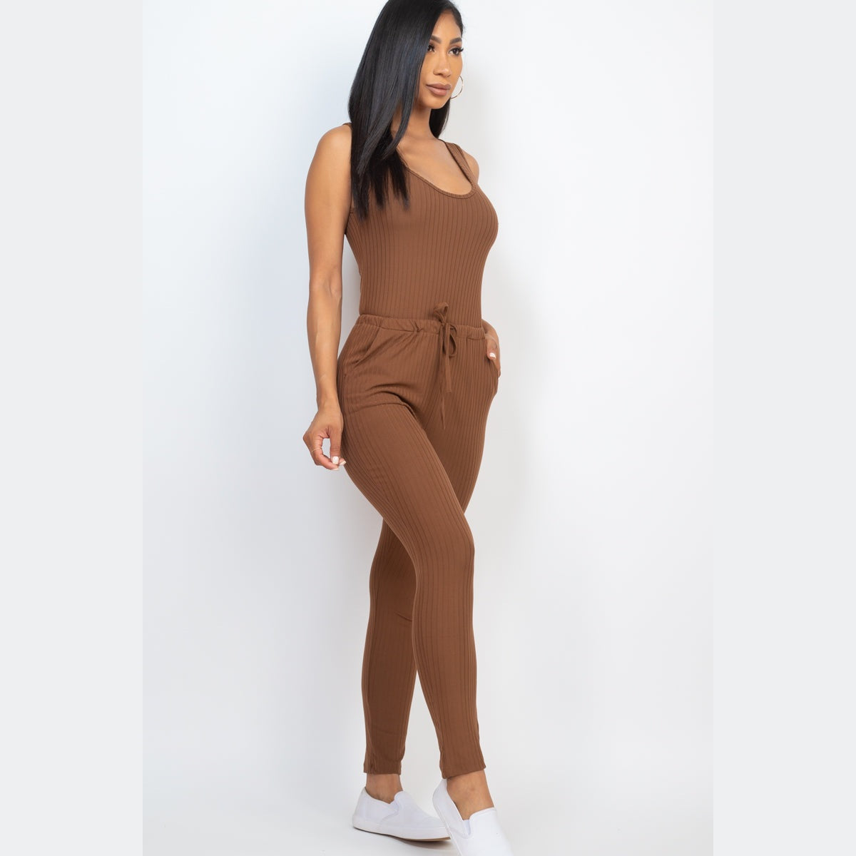 Ribbed Sleeveless Drawstring Jumpsuit
